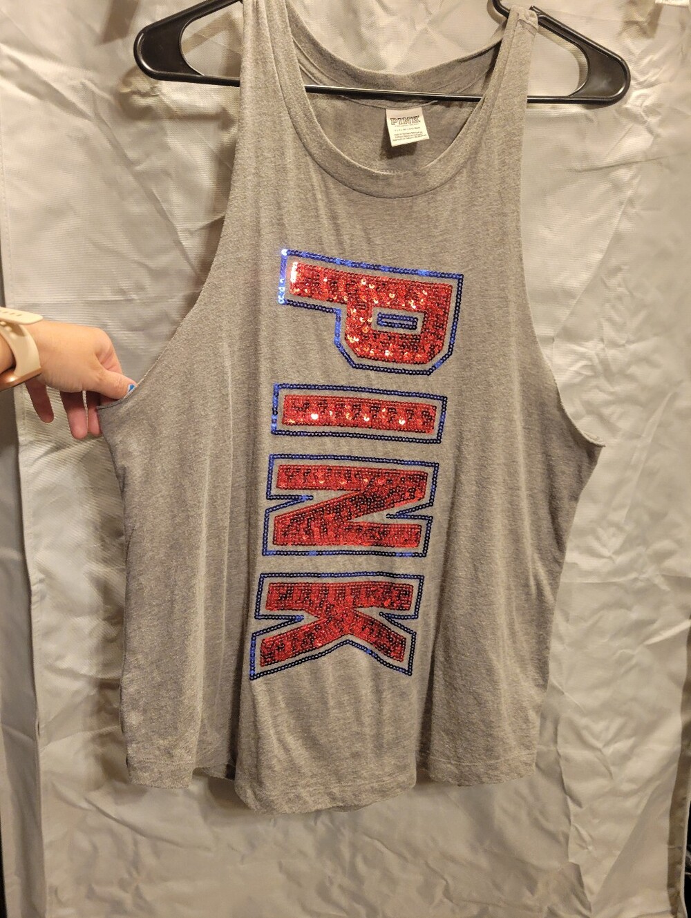 Gray Sleeveless Tank with Red Sequin PINK Logo